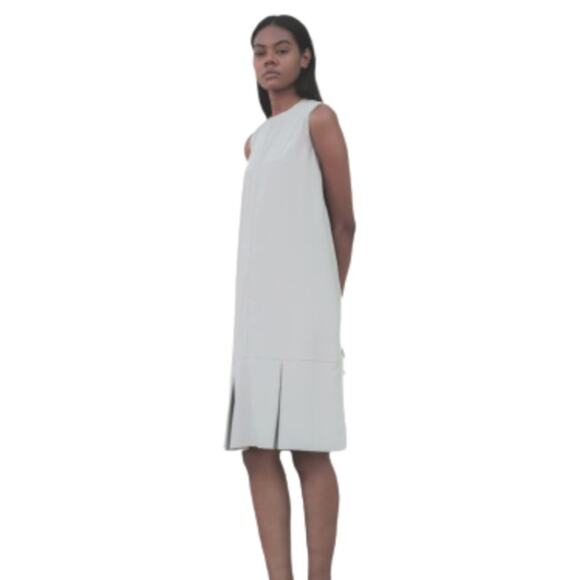 Walcott:Takemoto Dress Designer Silk Taupe Sleeveless Box Pleat Sheath Small NEW - Picture 12 of 12